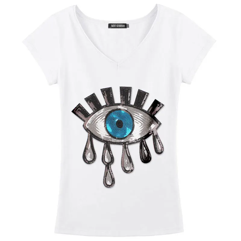 Модная футболка с короткими рукавами и вышивкой в виде глаз, с блестками, женские хлопковые футболки, большие размеры, белые, черные футболки, женские тройники - Цвет: V neck White