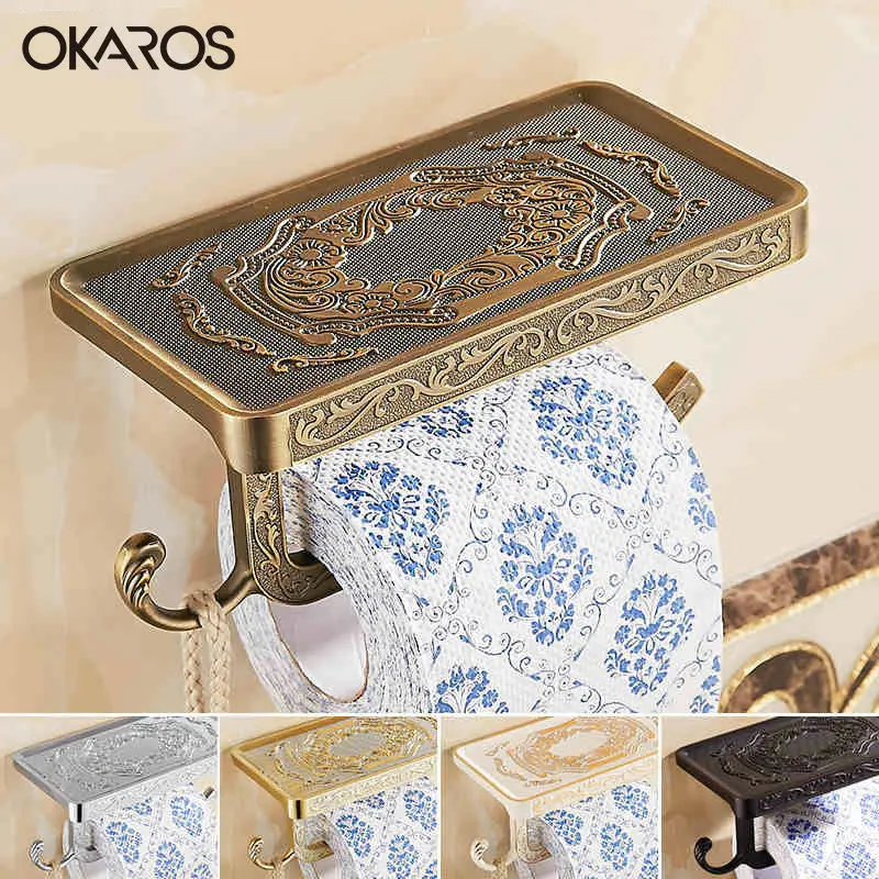OKAROS 2017 Toilet Paper Holder With Phone Shelf Towel Roll Rack Phone Shelf With Hooks Wall