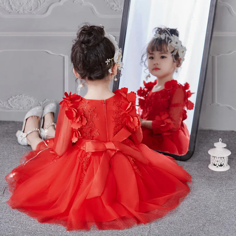 

2019 new Year Flower Girl Dress Party Birthday wedding princess Lace baby Girls Clothes Children clothing red Kids Girl Dresses
