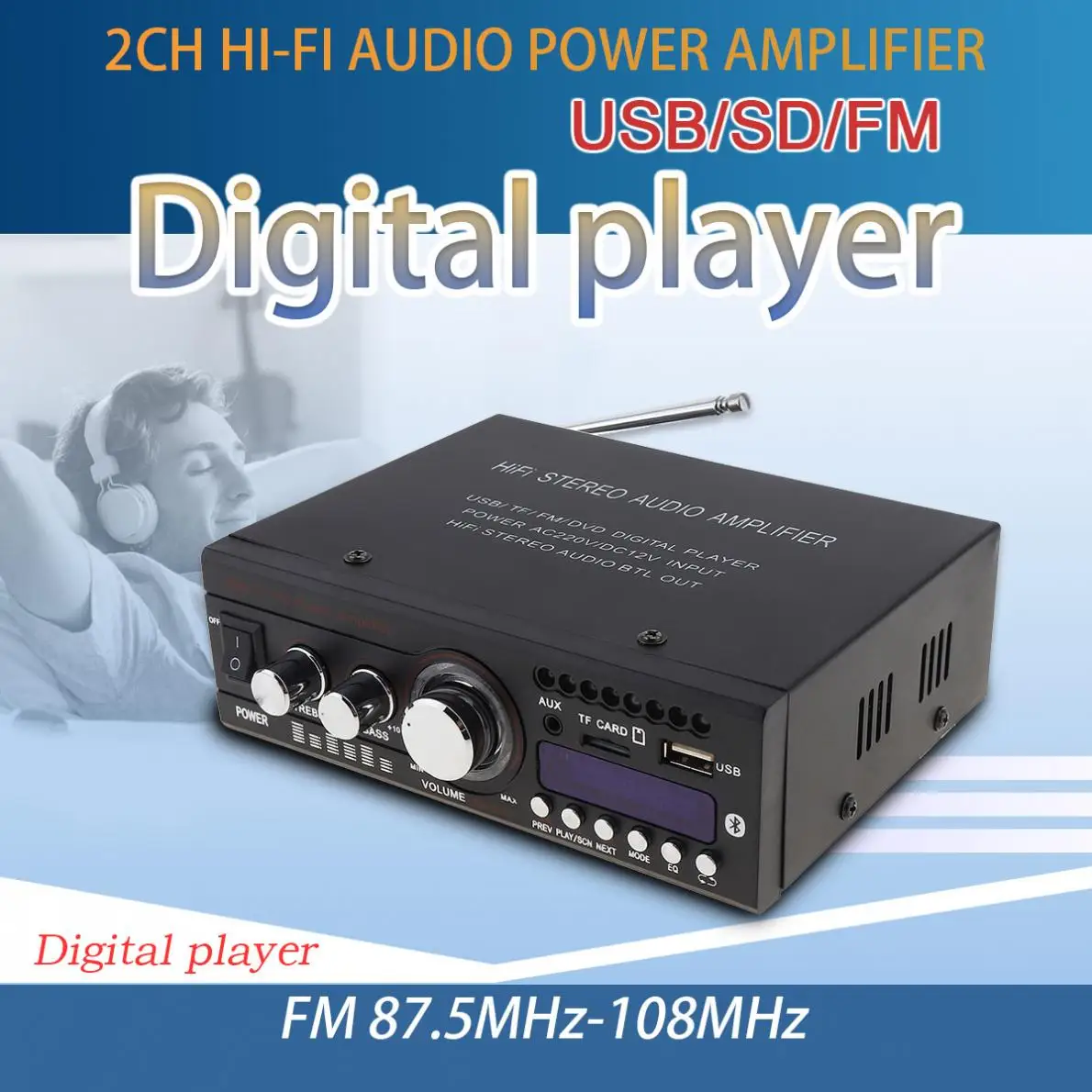 

Digital Bluetooth 2CH Hi-Fi Auto Car Stereo Audio Power Amplifier Player Support USB SD FM DVD with Remote Control