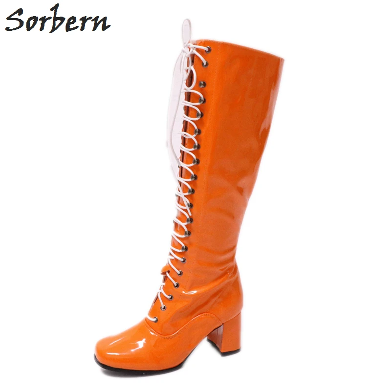 Sorbern Orange Shiny Knee High Boots For Women Square Toe 70'S Gogo Boots Shoes Women Vintage Style Boots Ladies Fall Shoes