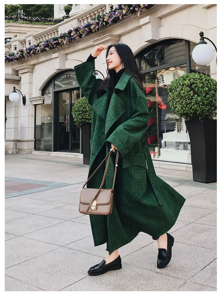 Новая мода весна осень двубортный Notech Повседневный свободный большой размер длинный тип зеленое клетчатое Женское шерстяное пальто C790