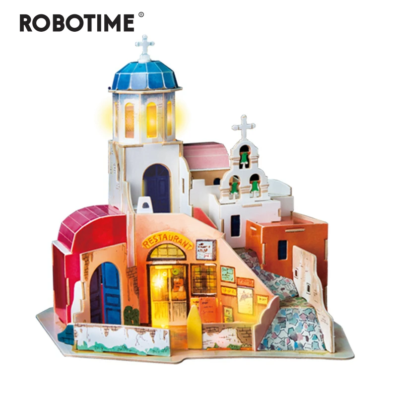 

Robotime New DIY Aegean Sea Doll House with Led Light Children Adult Miniature Wooden Model Building Dollhouse Toy SJ403
