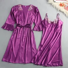 Пикантные комплекты из двух предметов, Женская Осенняя модная Пижама, комплект, платье на бретелях, ночной халат с v-образным вырезом, кружевной Халат