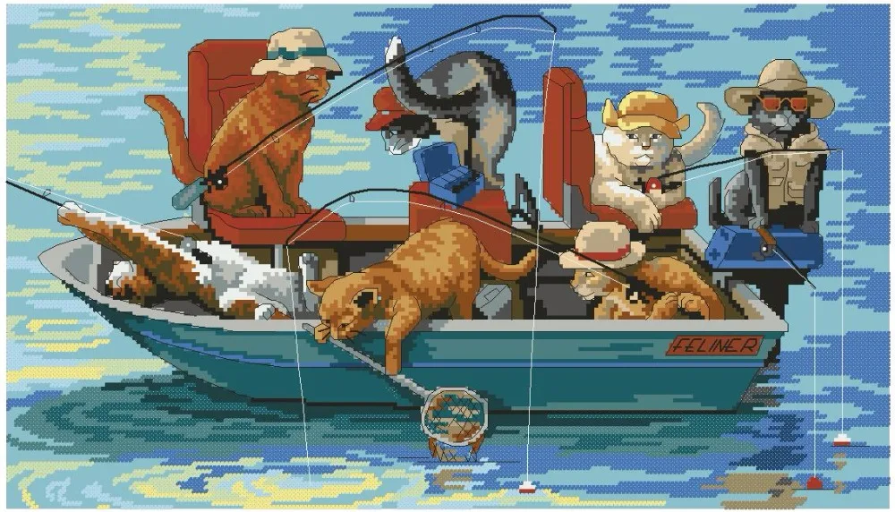 cs-2107 Cross Stitch Kit Catch of the Day Fishing Cat Kitten Boating dim 00321