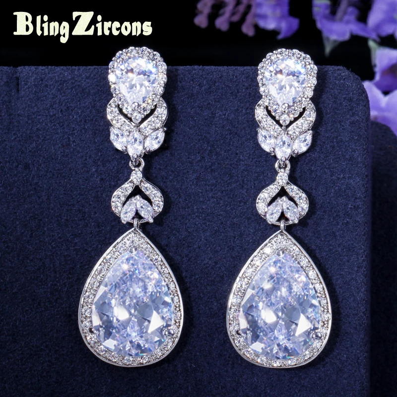 

BeaQueen Shiny Cubic Zirconia Long Teardrop Dangle Drop Bridal Wedding Earrings CZ Crystal Costume Jewelry for Women E023