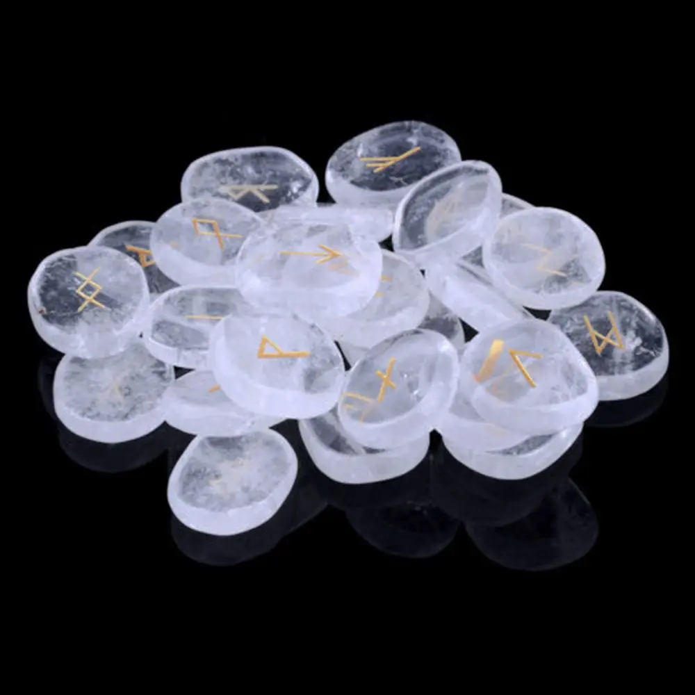 Skup Naturalne grawerowane Rock jasne kryształ kwarcowy Rune wróżby kamieniami zestaw kamieni szlachetnych Feng Shui dekoracji 25 sztuk z aksamitna torba