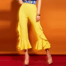 Women Pants High Waist Plain Flare Pants Yellow Falbala Full Length Flare Elastic Fashion Casual Summer Womens Pants Trousers