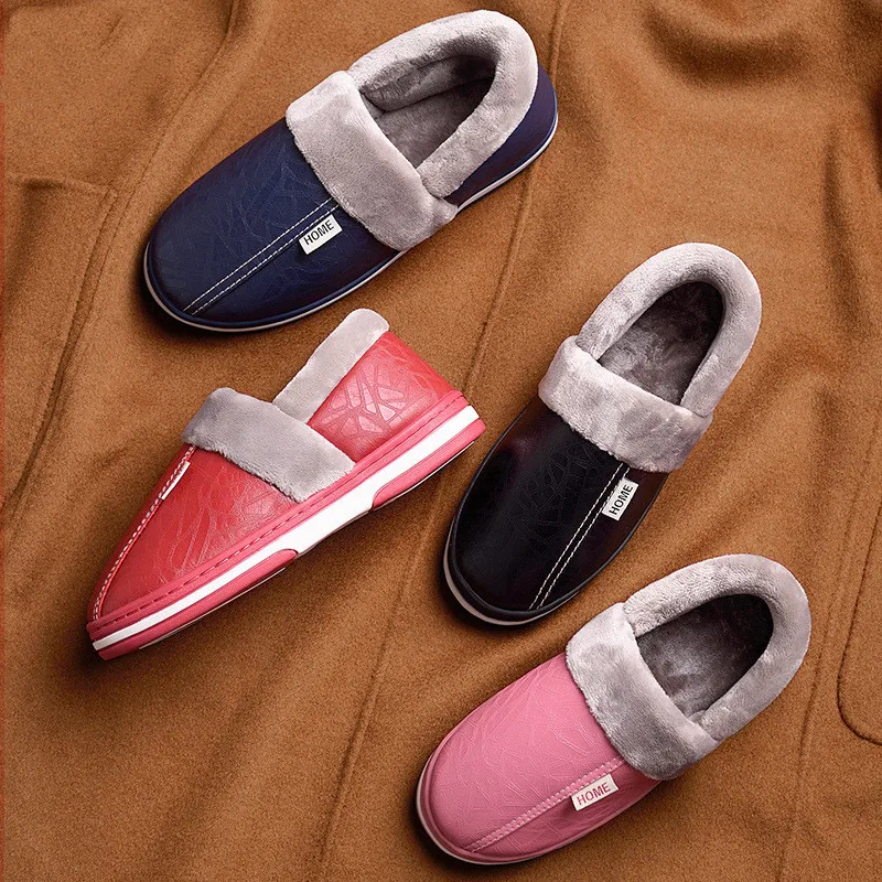 2020 Winter House Slippers Men Leather Plush Male Shoes Waterproof Anti Dirty Warm Fur Slippers Non-slip Cotton Man Indoor Shoes