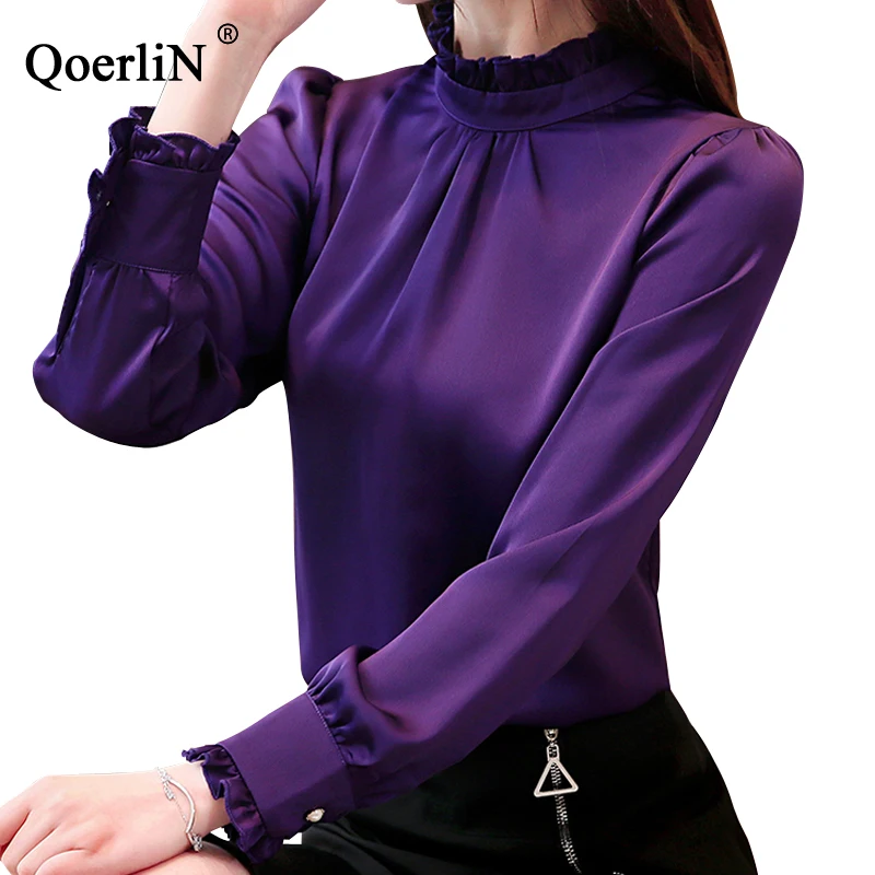 QoerliN 2XL атласная блузка элегантная женская с длинным рукавом оборками стоячим