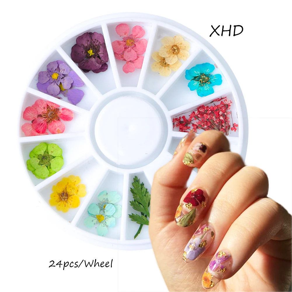 1 Wheel Natural Dry Flowers Set 3D Nail Art Decoration Mixed Real Preserved Floral Leaf Slider Sticker DIY Manicure Design LAXHD  (2)