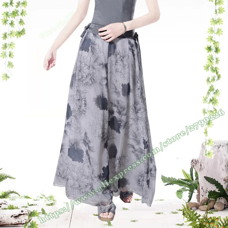 

2019 Summer Retro Fashion Casual Grey Floral Chiffon Loose Wide Leg Pants Womens / Woman Trousers / vintage Female Culottes