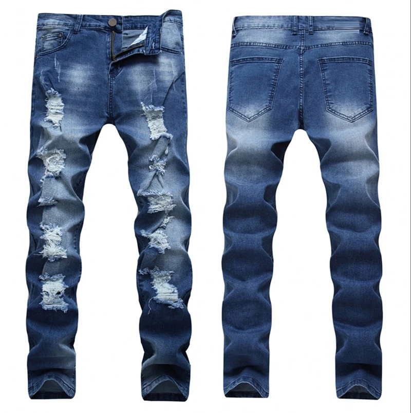 Новая мода повседневное мужские SkinnyStretch состаренные джинсы Рваные Slim Fit отверстия джинсы для женщин мотобрюки мужчин Прямая
