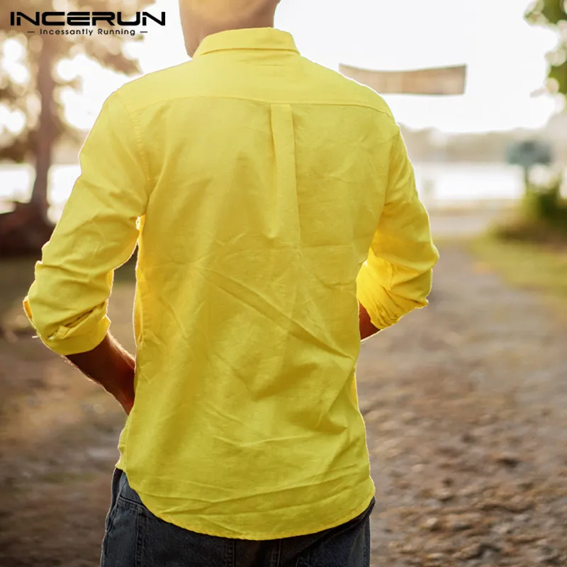 INCERUN 2019 Стильная мужская рубашка с отворотом шеи сплошной цвет уличная одежда с длинным рукавом хлопок бизнес бренд рубашки мужчины Camisa