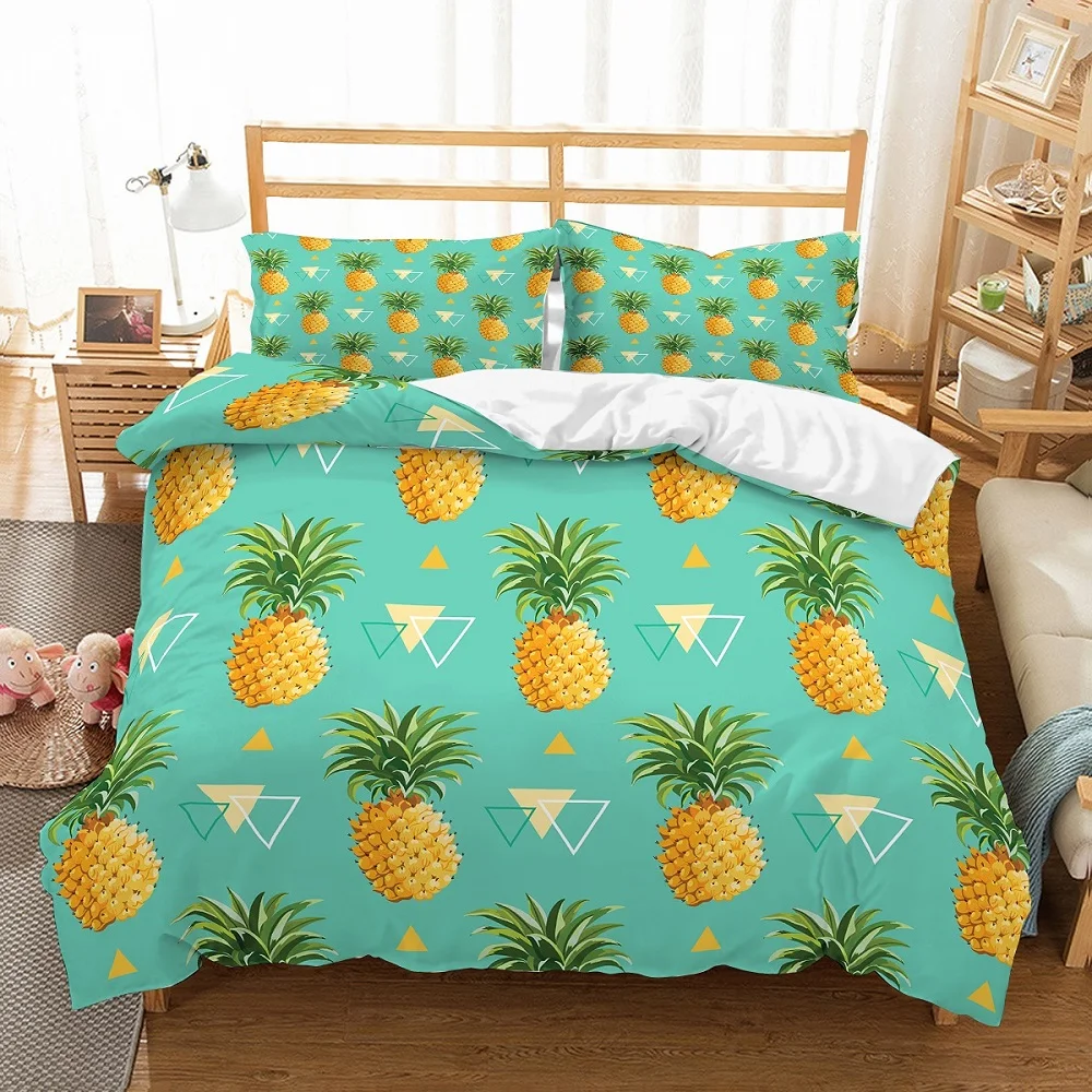 

Kids Pineapple Bedding Set 100% Microfiber Tropical Fruits Pineapple Triangles Printed Blue Duvet Cover Set 3PCS+2 Pillow Sham