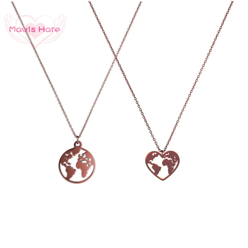 

Mavis Hare Newest COFFEE Color Necklace Travel the World Heart/ Round Map Pendant Necklace Stainless Steel Necklace DropShipping