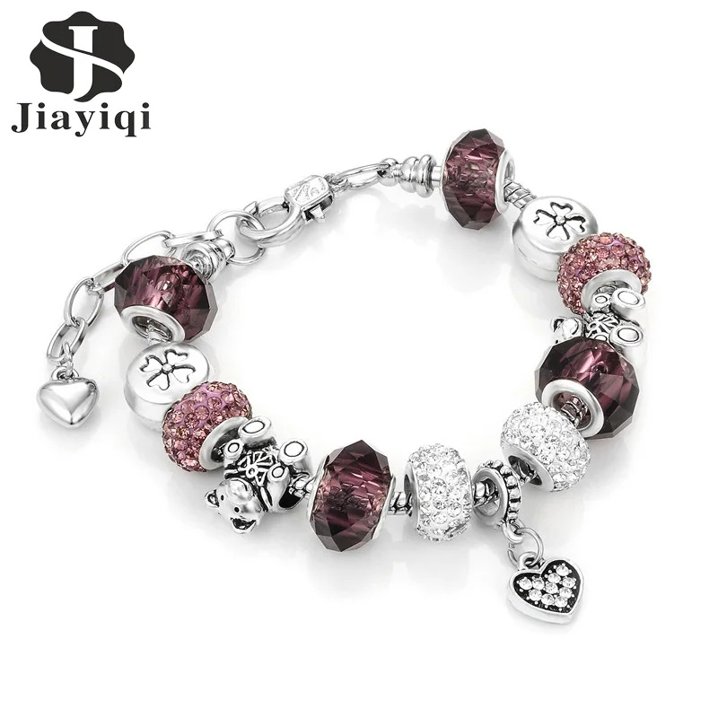 

Jiayiqi 2016 Fashion Rhinestone Crystal European Beads Bracelet Silver Color Snake Chain Charm Bracelets for Women Jewelry Heart