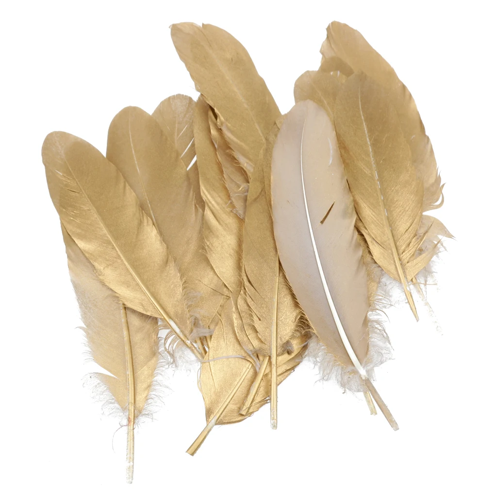 fityle 24pcs Natural Goose Feather for DIY Crafts Hat Making Paty Decoration 15-20cm White and Gold