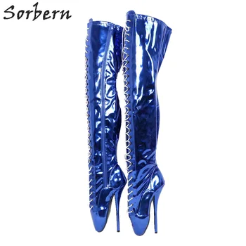 

Sorbern Metallic Royal Blue Thigh High Boot Women Big Size 15 Reflective Heels Boots Photography Show Custom Wide Calf Shaft