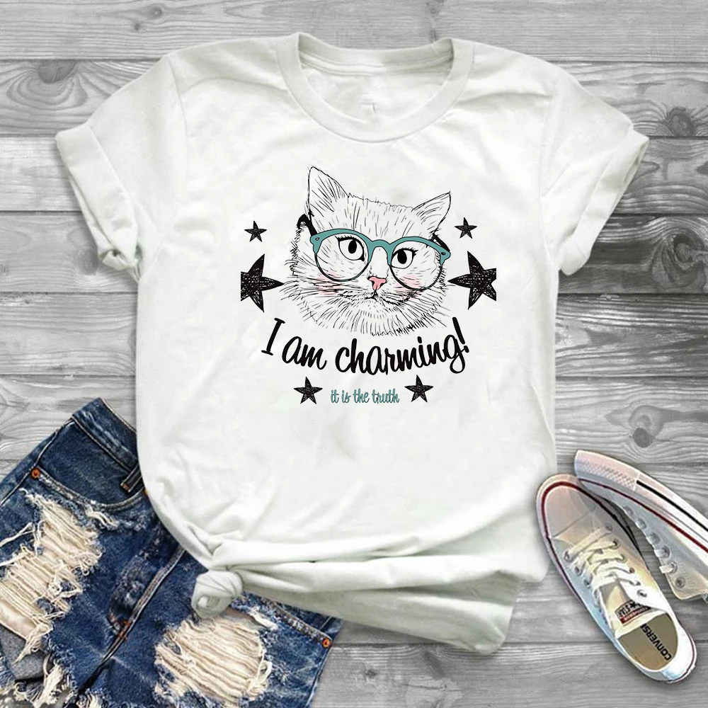 

Kawaii Casual White Women T Shirt Cute Funny Cat Funny Letter Print Femme t shirt Streetwear Vogue female summer fashion Clothes