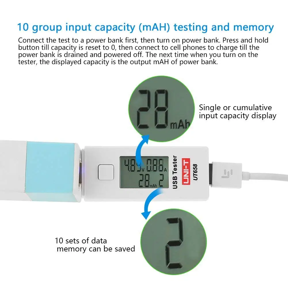 UNI-T UT658 USB цифровой ЖК-измеритель мощности тестер мультиметр измеритель тока и напряжения, измеритель емкости тока тестер 3C-9V