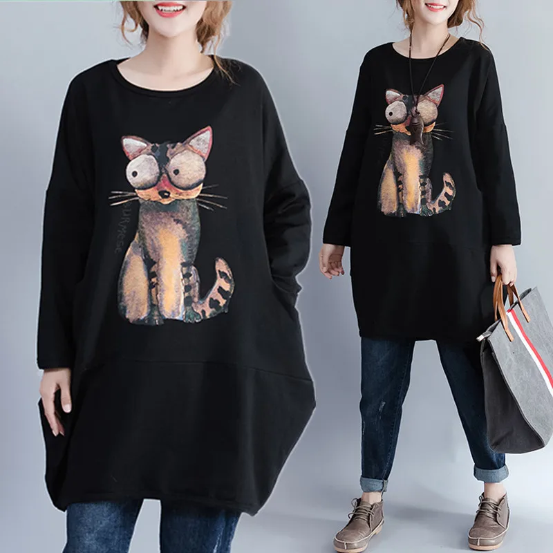 Plus Size 5XL NEW Autumn Women Fashion Cute Cat Print Tops Ladies