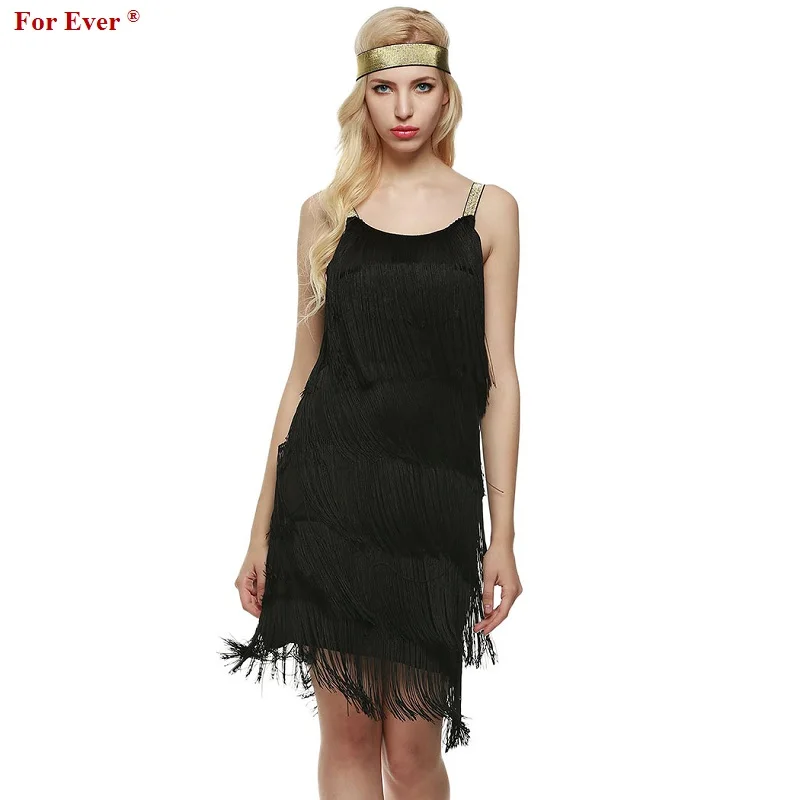 

Dress Spaghetti Strap Tassels Women Glam Gatsby Costume with Fashion Party waistband Fringe Straps U-Neck A-Line Dress