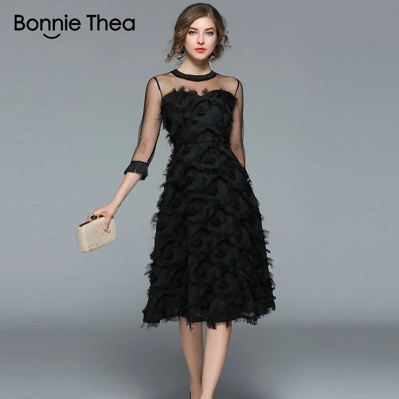 

2018 Autumn woman black Tassel Mesh Patchwork long dress female Sexy half Sleeve feather dress party Club lady dresses