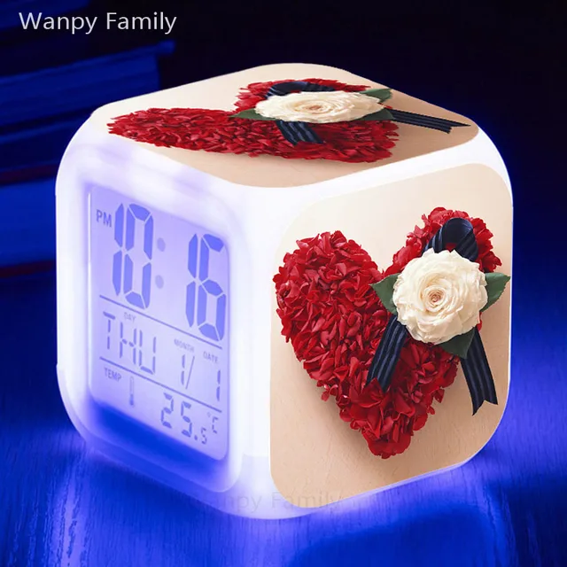 Heart shaped loving heart Rose Alarm Clocks 7 Color Glowing LED