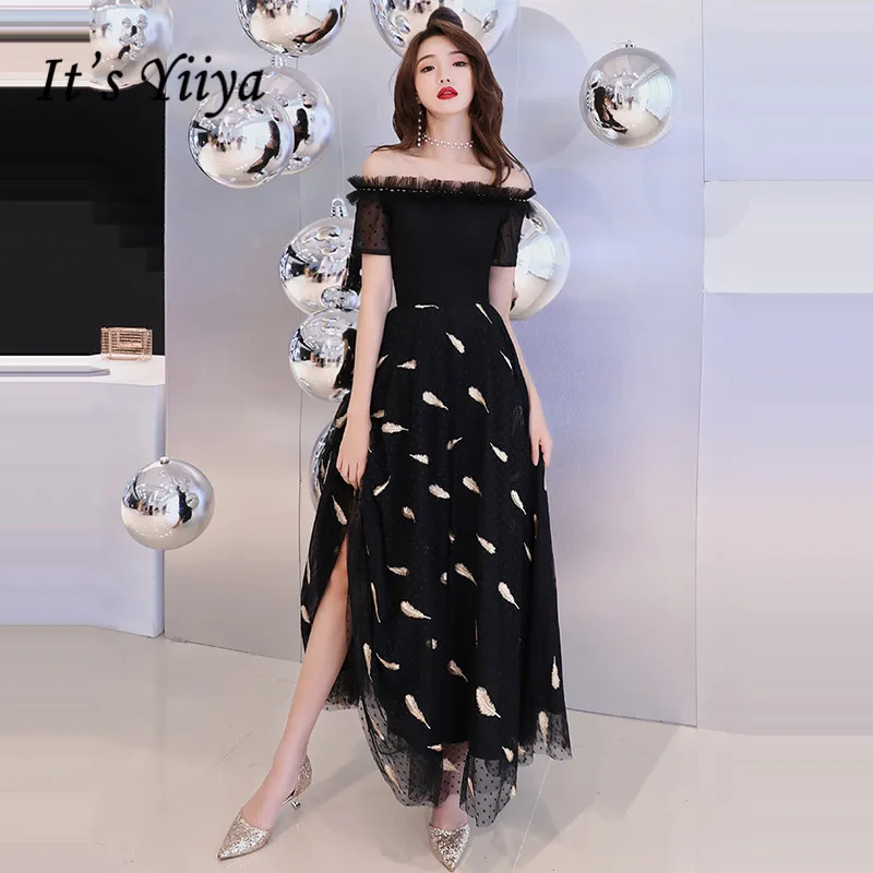 Это YiiYa вечернее платье 2018 черный вырез лодочкой вышивка бисером в Пол Вечерние платья LX1273 A-Line robe de soiree