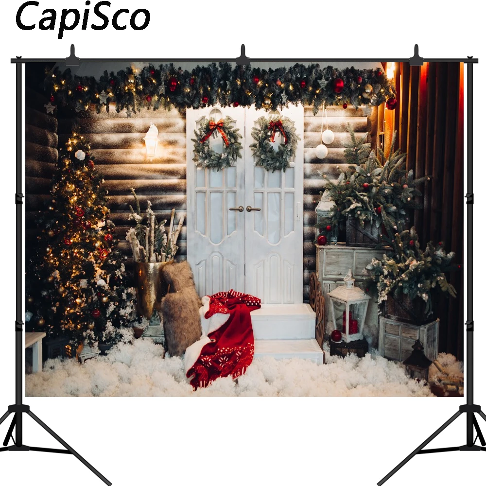 Capisco фотография рождественской елки фон венок деревянный дом украшение