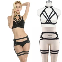 Для женщин сексуальный набор ремней для тела регулируемые черные хип-хоп бюстгальтер Жгут+ нога пояс с резинками, фетиш одежда боди в готическом стиле, туфли для танцев на шесте белье
