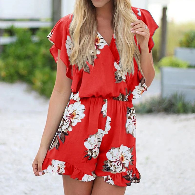 2019 Summer Fashion Floral Print Sexy V-neck Ruffled Women's jumpsuit Female Mini Holiday Casual Short Sleeve Playsuit Rompers 2019 Summer Fashion Floral Print Sexy V-neck Ruffled Women's jumpsuit Female Mini Holiday Casual Short Sleeve Playsuit Rompers