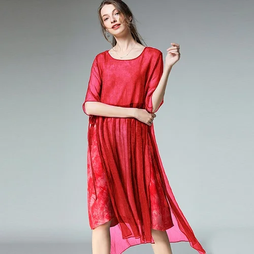 Шифоновое летнее женское платье, женское платье в сеточку размера плюс, повседневные модные пляжные вечерние платья больших размеров, женское платье для работы - Цвет: Красный