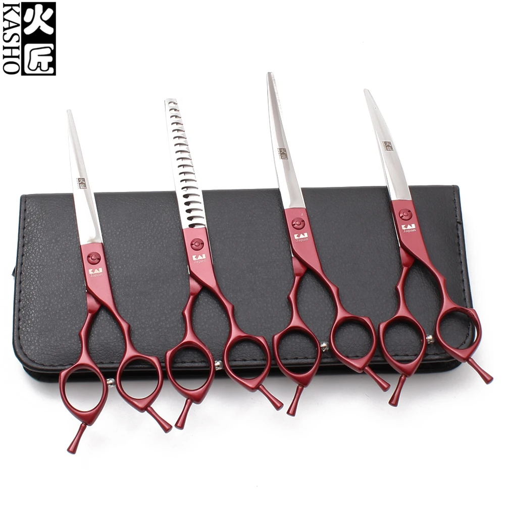 7.0" Kasho 440C Red Cats Cutting Scissors Thinning Shears Up&Down Curved Scissors Puppy Grooming