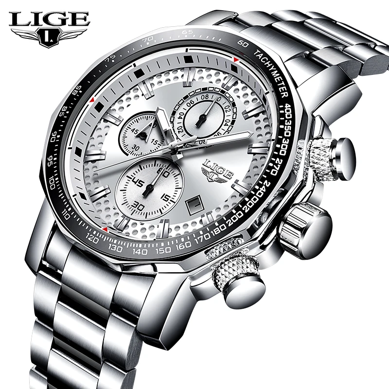 

LIGE Top Brand Luxury Men's watches business Large Dial Stainless steel chronograph Fashion Sports Waterproof Quartz Men's Watch
