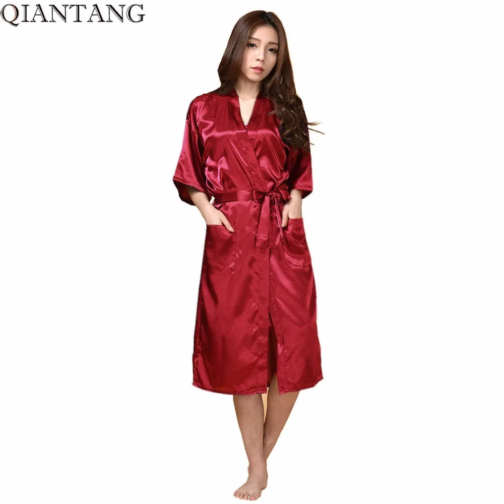 Plus Size Women's Bath Robe Solid Kimono Bath Gown Red Lady Rayon