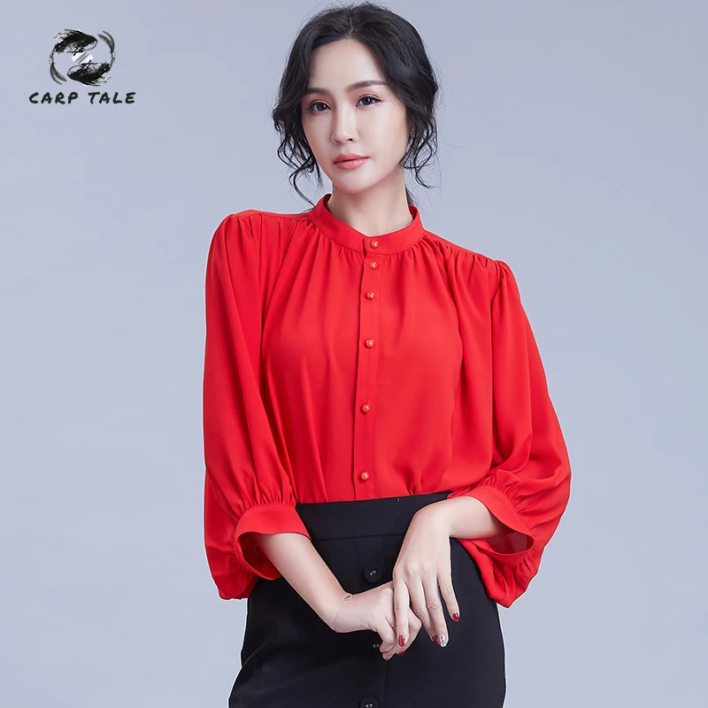 

spring stand collar lantern sleeve cardigan solid color women's new chiffon shirt long sleeve pleated non-elastic chiffon shirt