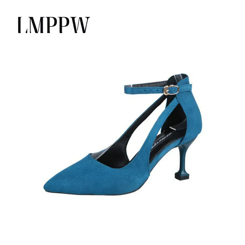 

Fashion Brand Women High-heels 7.5cm Roman Shoes Pointed Toe Suede Leather Pumps Summer Party Shoes Chaussures Femme Pink Blue