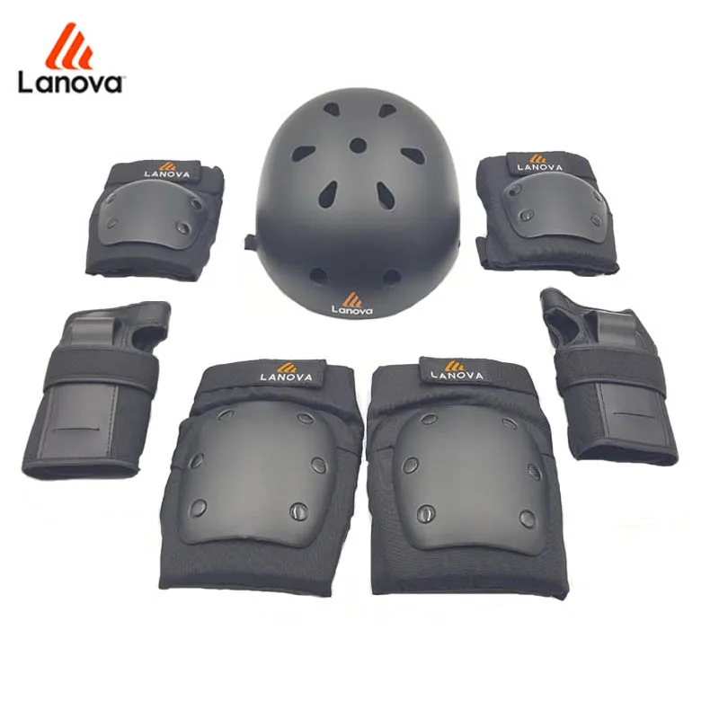 Goede LANOVA 7 stks set Skate Beschermende kleding Knie Elleboog Pads Pols Bescherming Skate Helm Voor Scooter Fietsen Roller Voor Volwassenen 4 size
