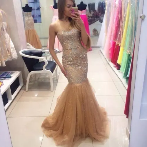 Long Mermaid Tulle Evening Dress 2015 Beads Backless Sweep Train Formal Prom Gowns | Свадьбы и торжества
