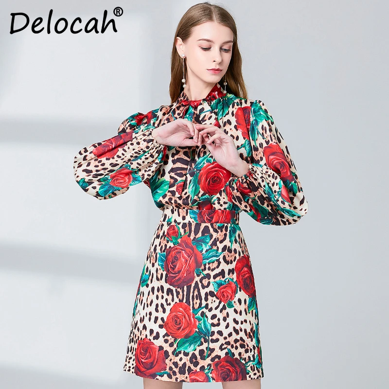 

Delocah Autumn Women's Suit Runway Fashion Designer Long Sleeve Leopard Rose Flower Printed Skirt and Skirts Two 2 Pieces Set
