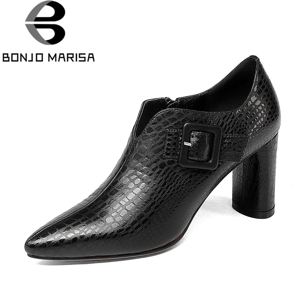 

BONJOMARISA High Quality Fashion Black Genuine Leather Pumps Women Autumn 2019 New High Heels Shoes Woman Pointed Toe Footwear