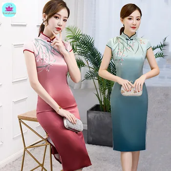 

2019 summer new Chinese style Tang suit retro medium and long sleeves silk improved slim dress cheongsam