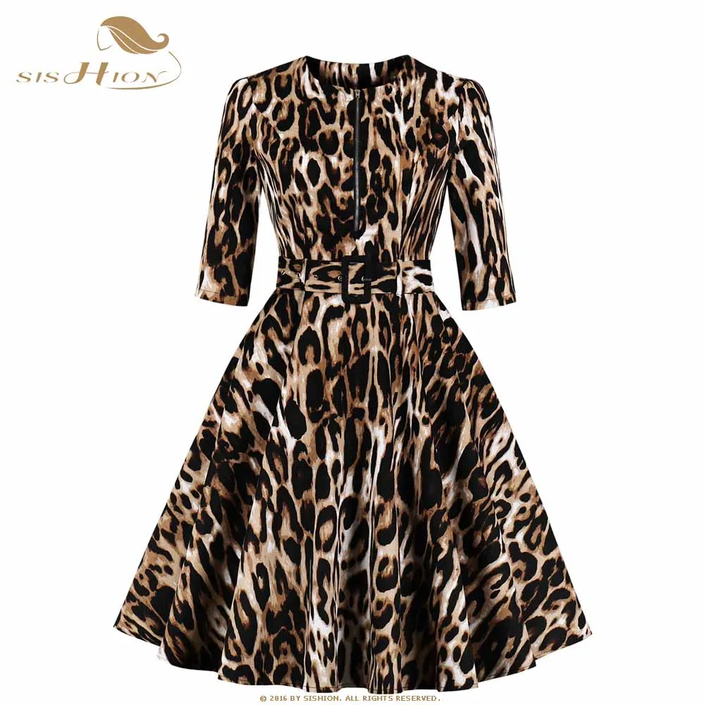 

SISHION Leopard Dress 3/4 Sleeve 2019 Spring Cotton Swing Vintage Dress with Belt 1772 robe vintage Retro dress