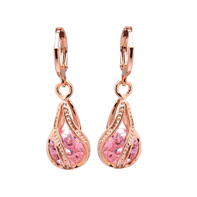 Elegant Pink Cz Crystal Earrings Rose Gold Color Hollow Out Drop Elegant Pink Cz Crystal Earrings Rose Gold Color Hollow Out Drop For Women Wedding Party