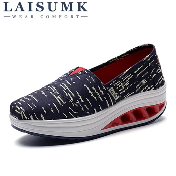 

2020 LAISUMK Brand Spring Wedges High Heels Ladies Casual Shoes Vulcanize Women Slip On Platform Chaussure Canvas Shoes