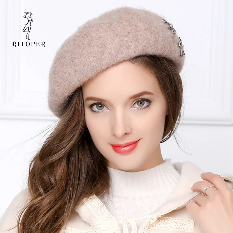 

RITOPER Women Beret Hat Female Rabbit Hair Wool knitted Caps Japanese Korean Version Winter Beret Lady Painter Hats Wholesale