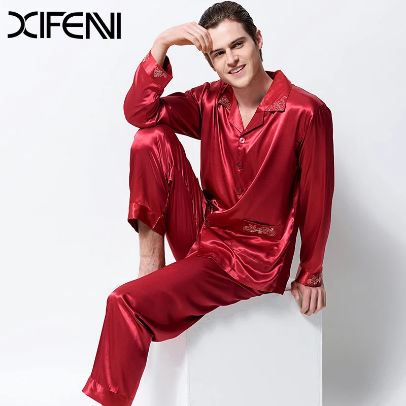 2019 New Satin Silk Pajamas Male Long-Sleeve Embroidery Men Pyjama Sets Emulation Silk Sleepwear Turn-Down Collar Two-Piece 3315
