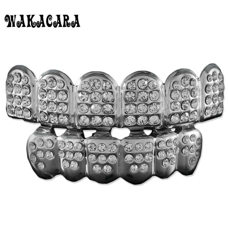 

WAKACARA 6 Silver Teeth GRILLZ Top Bottom ICED OUT CZ Tooth Caps Grill HipHop Bling with free Silicone mode